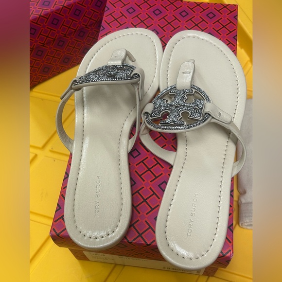 Tory Burch New Cream Pave Crystal Leather Miller Size 9 - Picture 3 of 10